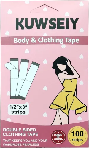 100 Strips Double-Sided Tape for Fashion, Tape for Clothes, Waterproof Fashion Clothing Tape, Fabric Tape to Skin, Strong Adhesive Body Tape, Invisible and Clear Tape for All Skin Shades, Transparent