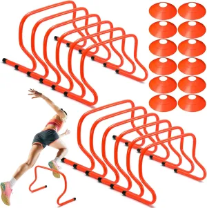 12 Pieces 12 Inch Agility Hurdles and Marker Cone Set Disc Cones Speed and Agility Training Equipment Speed Hurdles for Athletes Sports Soccer Football Tennis Basketball Practice