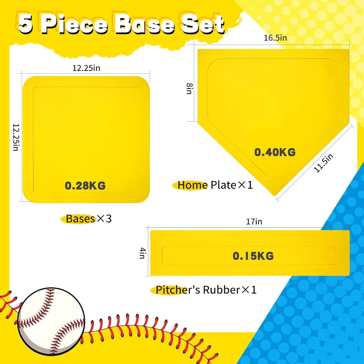 5 Piece Baseball Bases for Yard- 3 Throw Down Bases 1 Homeplate 1 Pitching Rubber with Baseball Bases Bag for Kids Practice, Rubber Bases for Kickball Baseball Play