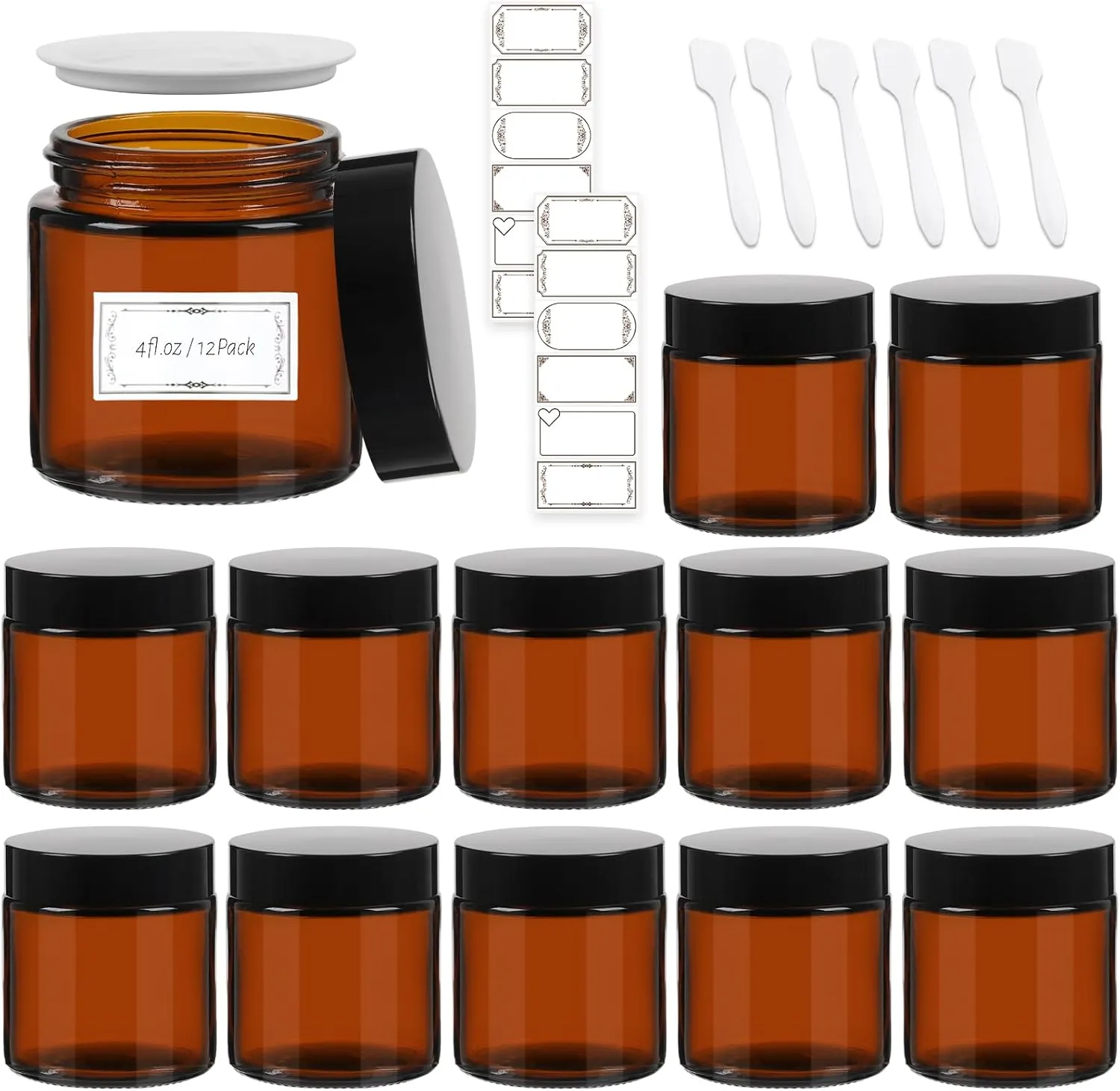 AuroTrends 4 oz Amber Glas Jars with Lids 12Pack, Portable Amber Round Empty Glass Candle Jars with Lids/Body Butters Containers/Body Butter Jar (4 fl. oz, Set of 12)