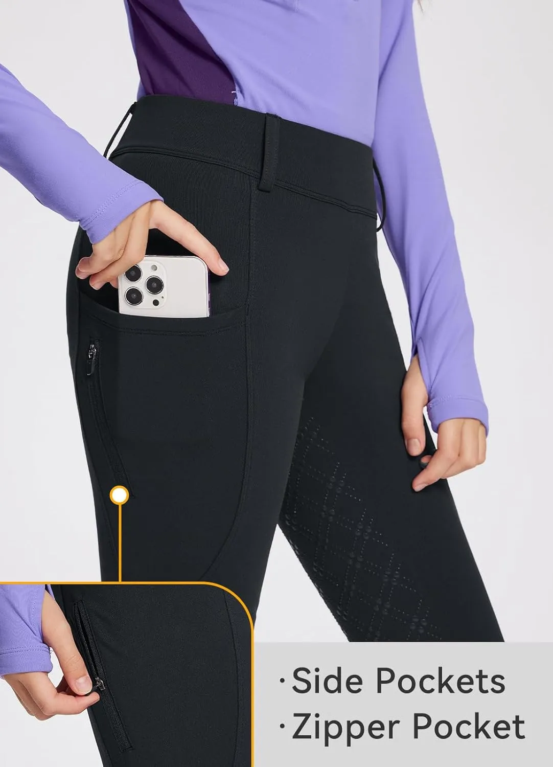 baleaf Girls Riding Pants, Fleece Winter Breeches Full Seat Silicone Kids Horseback Equestrian Zipper Pocket Tight