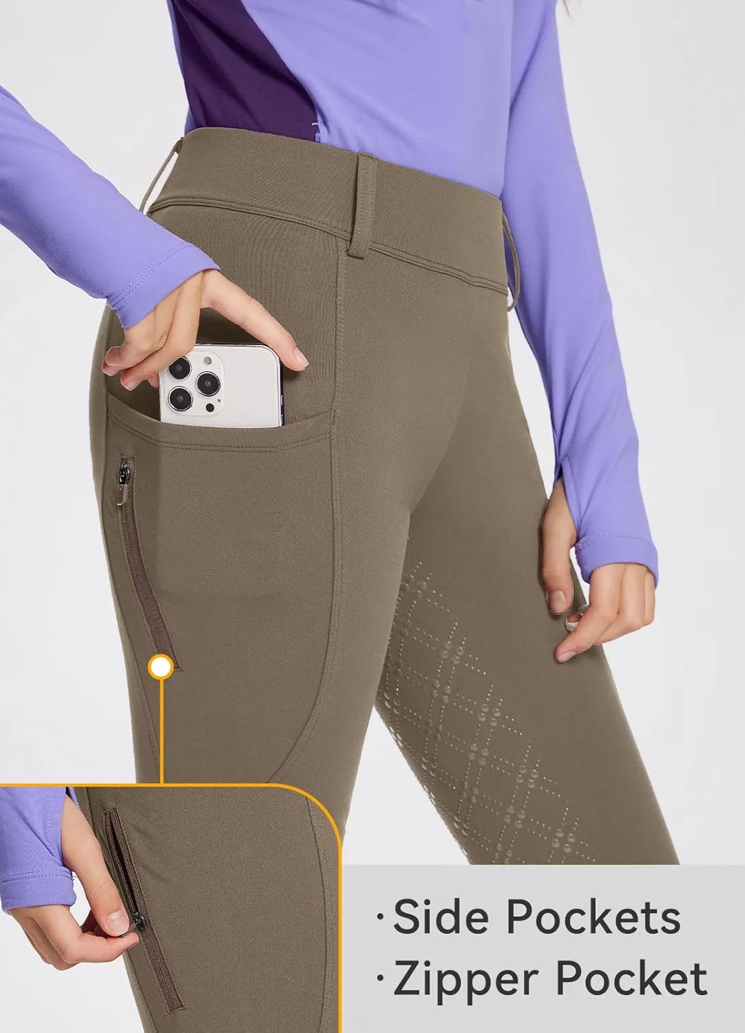 baleaf Girls Riding Pants, Fleece Winter Breeches Full Seat Silicone Kids Horseback Equestrian Zipper Pocket Tight
