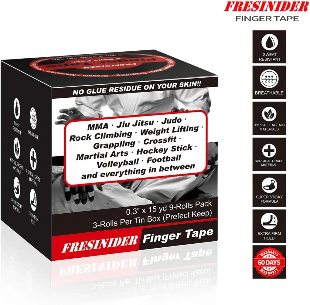 Finger Tape - Strong Athletic Tape | 0.3 x 45 Feet (9 Pack) Tin Set | No Sticky Residue | for Rock Climbing, BJJ Jiu Jitsu, Grappling, Judo, MMA, Rock Climbing and Martial Arts (Black)