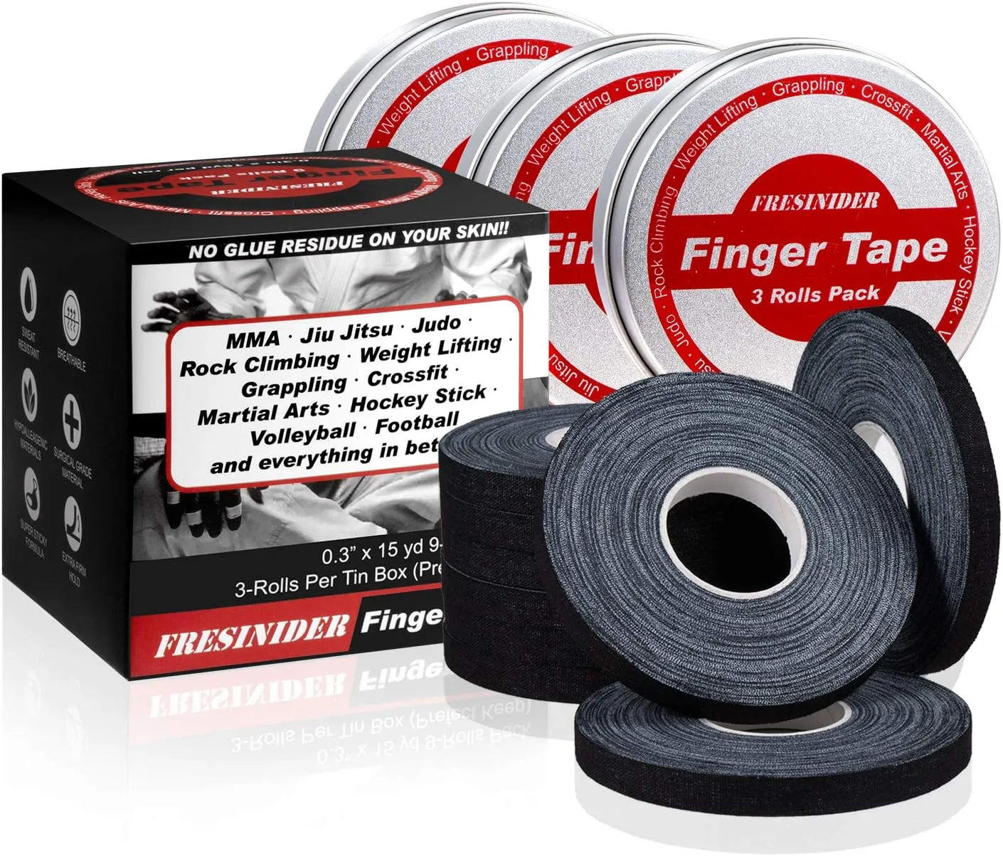 Finger Tape - Strong Athletic Tape | 0.3 x 45 Feet (9 Pack) Tin Set | No Sticky Residue | for Rock Climbing, BJJ Jiu Jitsu, Grappling, Judo, MMA, Rock Climbing and Martial Arts (Black)