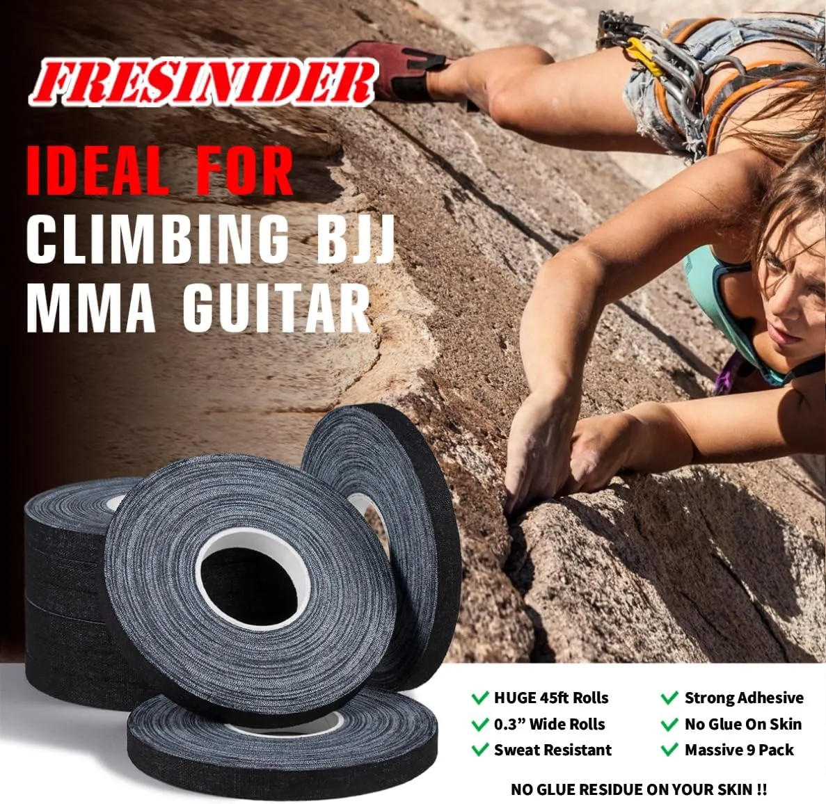Finger Tape - Strong Athletic Tape | 0.3 x 45 Feet (9 Pack) Tin Set | No Sticky Residue | for Rock Climbing, BJJ Jiu Jitsu, Grappling, Judo, MMA, Rock Climbing and Martial Arts (Black)