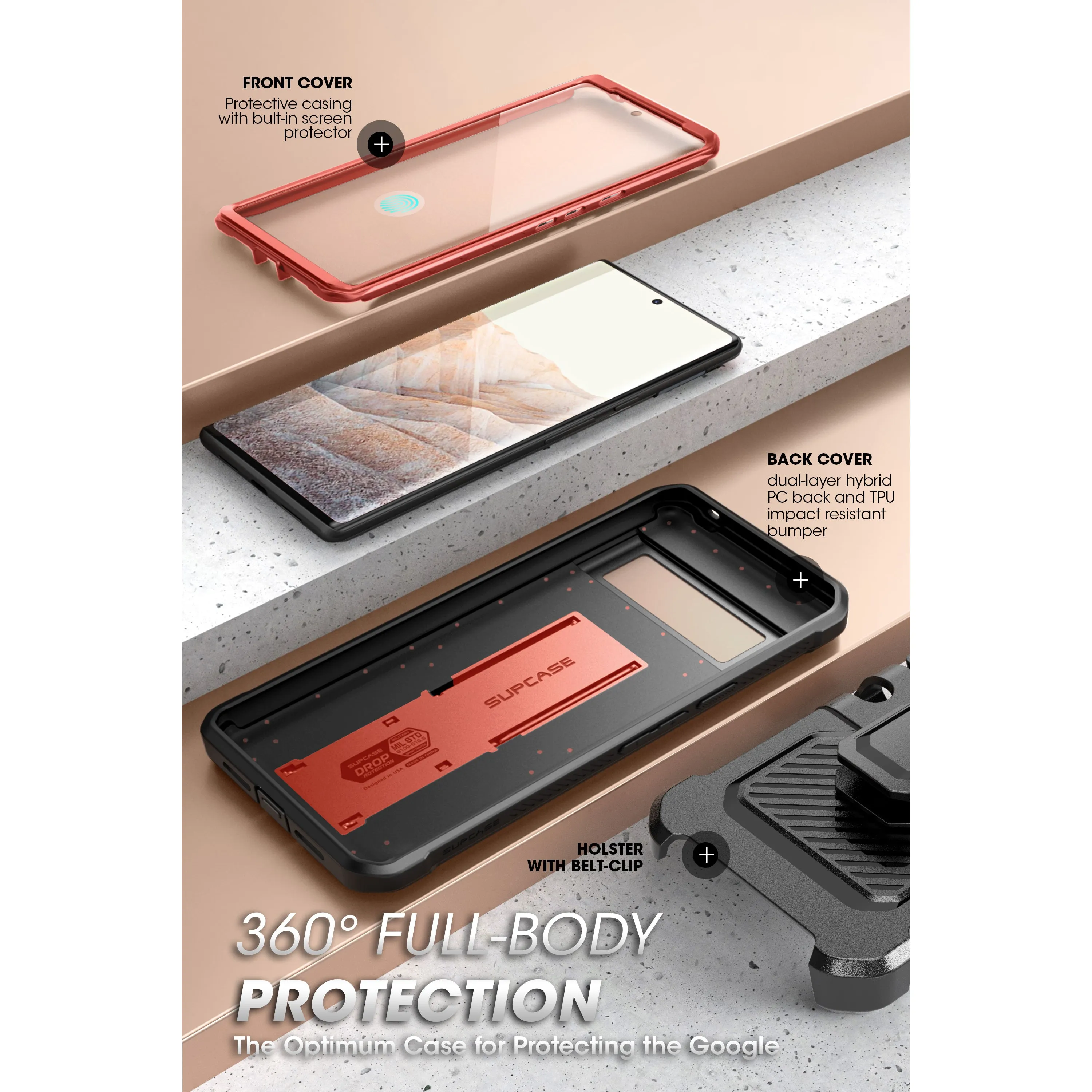 Google Pixel 7 Unicorn Beetle PRO Rugged Holster Case-Metallic Red