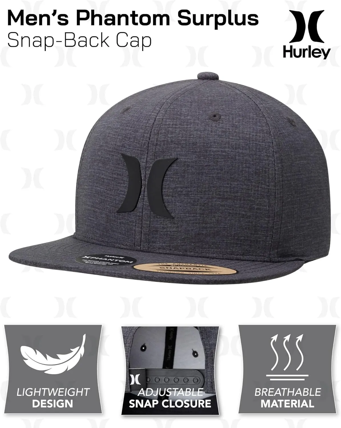Hurley Mens Hat  Lightweight Phantom Core Snap-Back Baseball Cap