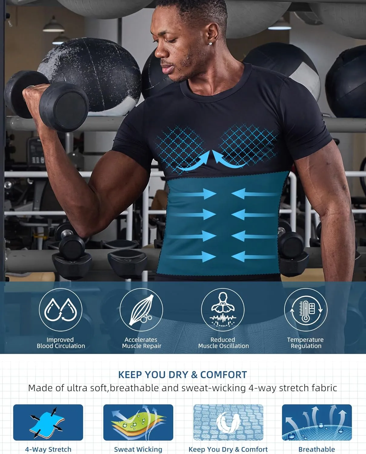 KOCLES Mens Slimming Compression Shirt, Slimming Undershirt Shirts for Men Body Shaper Shapewear Tummy Control