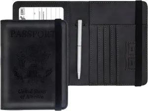 Passport Holder Combo,Leather Rfid Blocking Passport Id Organize Travel Wallet Cover Case Slot Passport Protectors Book for Girls Women Men(Black)