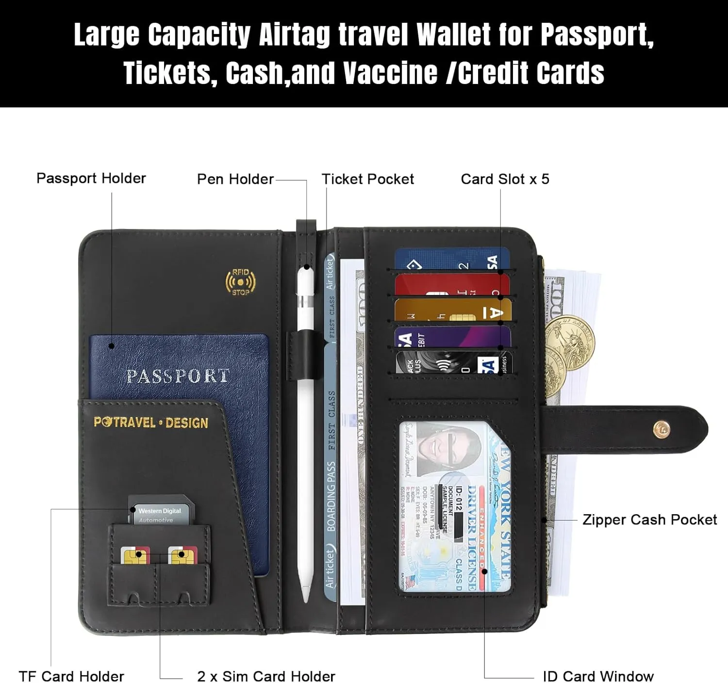 RFID Leather Travel Wallet for Women, Slim Travel Passport Holder with Credit Card Holder, Lightweight Bifold Passport Case Organizer with Zipper Pocket