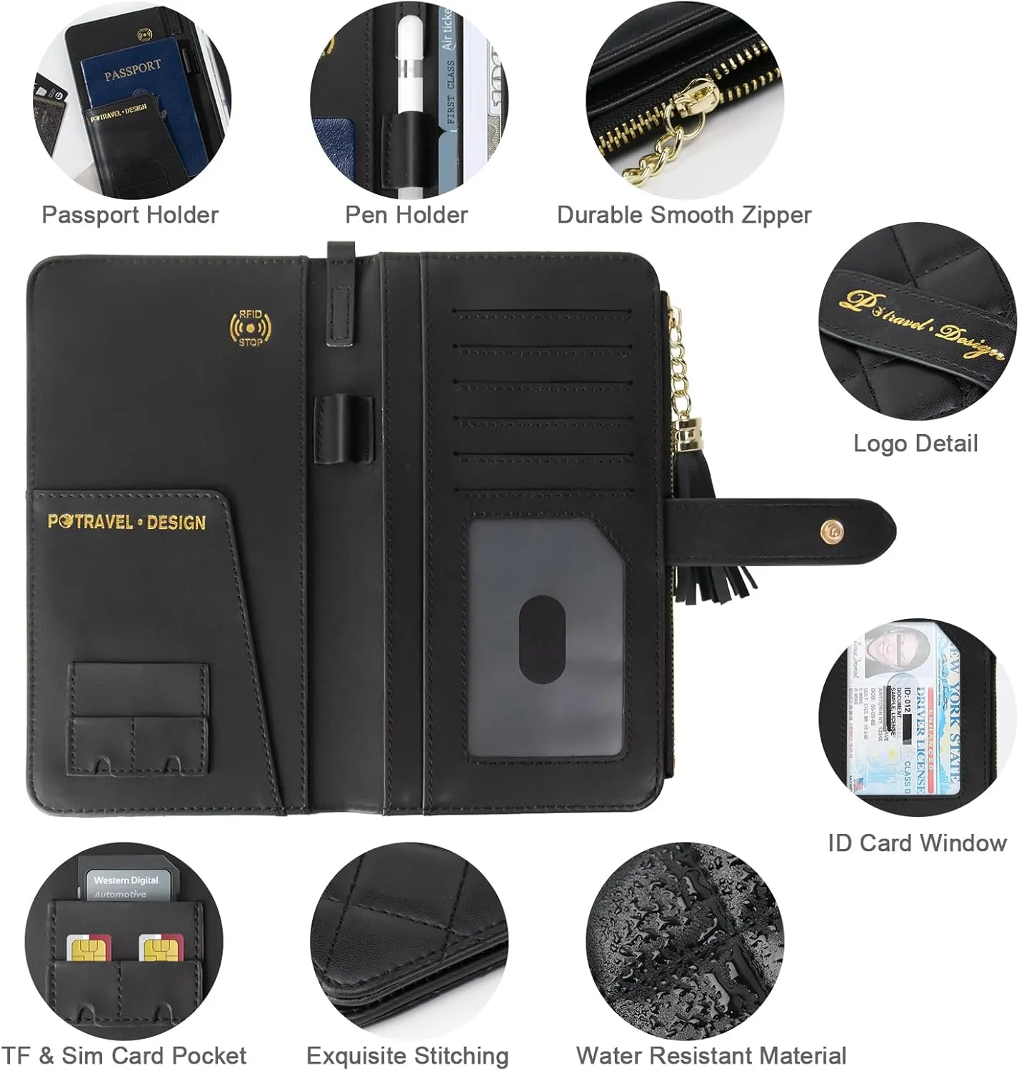 RFID Leather Travel Wallet for Women, Slim Travel Passport Holder with Credit Card Holder, Lightweight Bifold Passport Case Organizer with Zipper Pocket