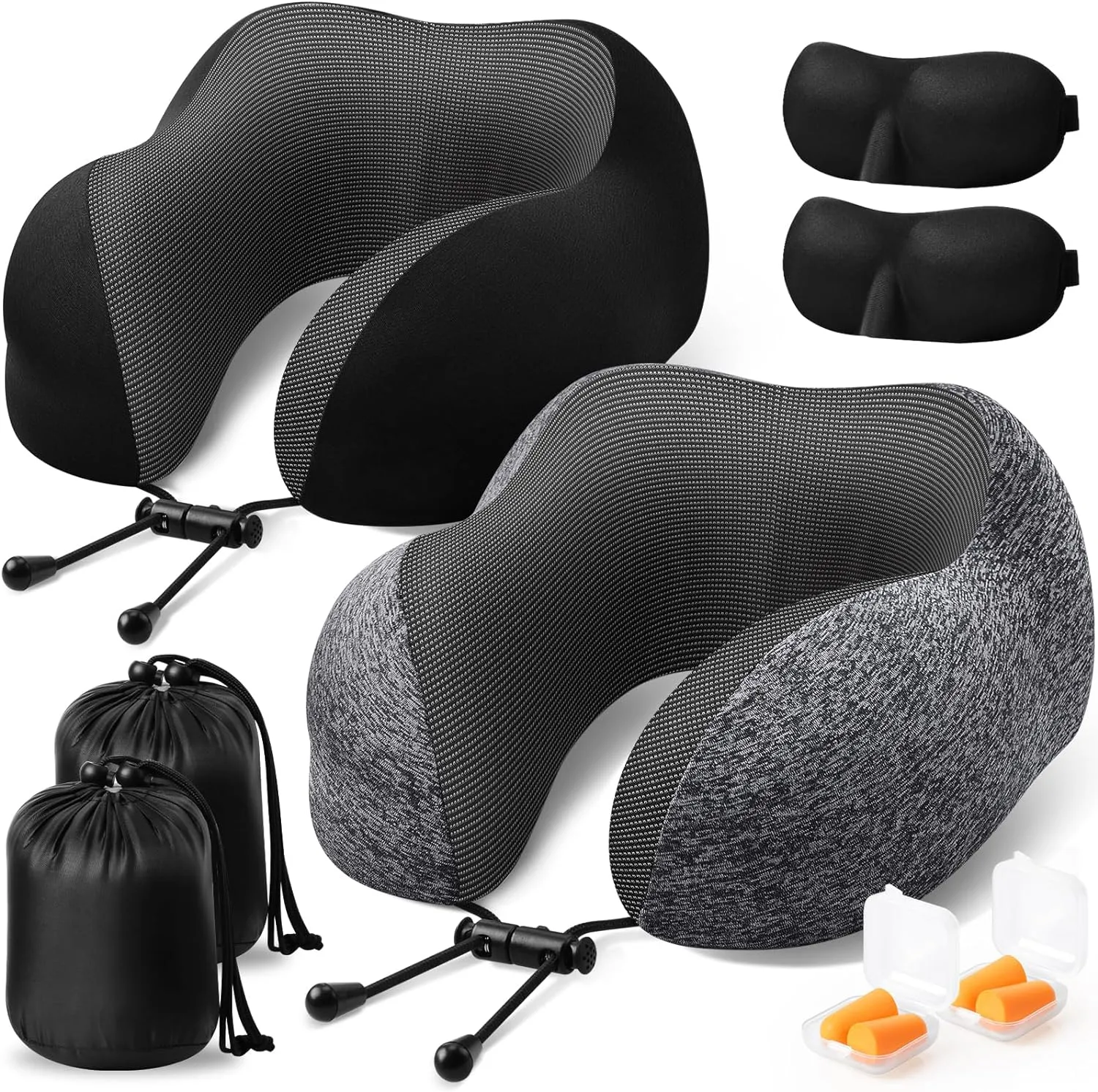 Travel Pillow, 2 Pack Travel Pillows for Sleeping Airplane, Removable Cover Neck Pillow with Adjustable Clasp, Memory Foam Neck Pillow Set (Dark Grey & Black)