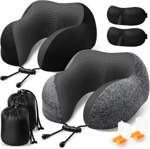 Travel Pillow, 2 Pack Travel Pillows for Sleeping Airplane, Removable Cover Neck Pillow with Adjustable Clasp, Memory Foam Neck Pillow Set (Dark Grey & Black)