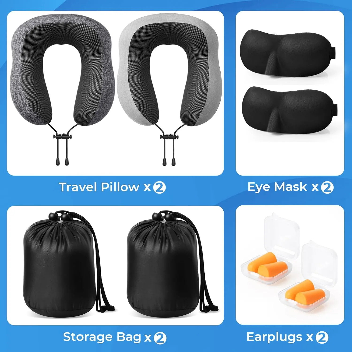 Travel Pillow, 2 Pack Travel Pillows for Sleeping Airplane, Removable Cover Neck Pillow with Adjustable Clasp, Memory Foam Neck Pillow Set (Dark Grey & Light Grey)