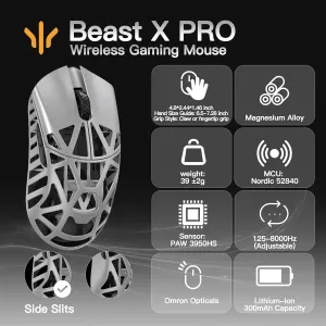 WLMOUSE Beast X Pro Ultra-Light 39g Magnesium Gaming Mouse, PAW3950 HS Sensor, 8K Polling Rate, 30000 DPI,OM & TTC Switches, Customizable Side Panels.(Silver(OM Switch-Side Slits))